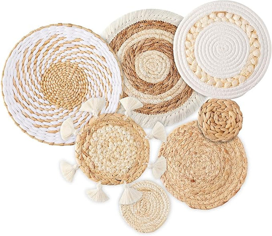 7 Pack Boho Wall Basket Decor - Seagrass Rattan Wicker Wall Decor Round Handmade Hanging Rustic Flat Elegant Wall Art for Farmhouse Living Rooms Bedrooms Display Table Settings Kitchen Home