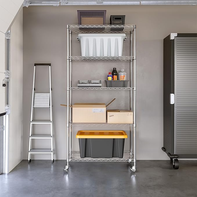 Seville Classics UltraDurable Heavy Duty NSF Solid Steel Wire Rack Storage Unit, Organizer for Garage, Warehouse, Office, Restaurant, Classroom, Kitchen, Silver, 5-Tier Shelving, 36" W x 14" D