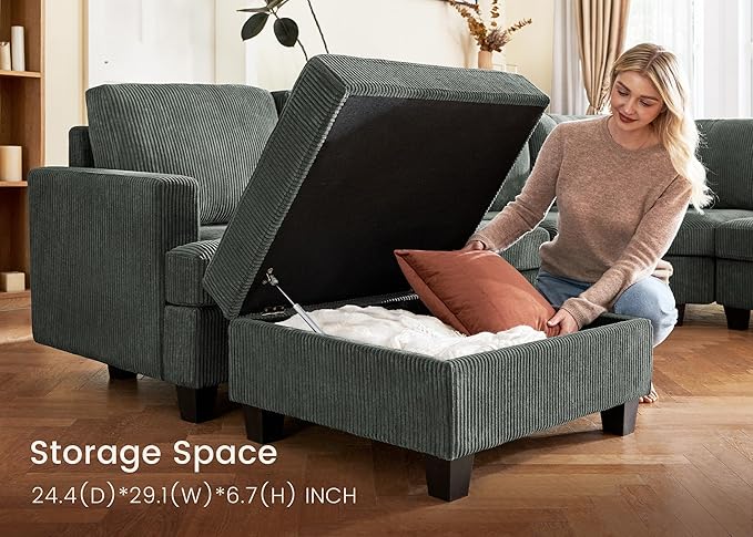 Nolany Modular Sectional Couch with Storage Ottoman, Corduroy Sleeper Sectional Sofa with Chaise, Sectional Couches for Living Room, Green