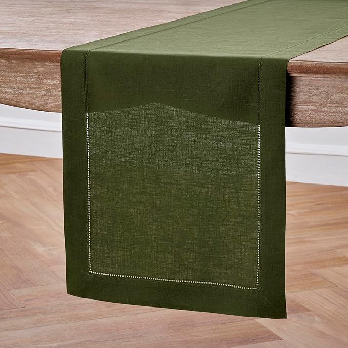 Solino Home Linen Olive Table Runner 108 Inches Long - 100% Pure Linen 14 x 108 Inch Table Runner for Fall, Autumn, Thanksgiving - Classic Hemstitch