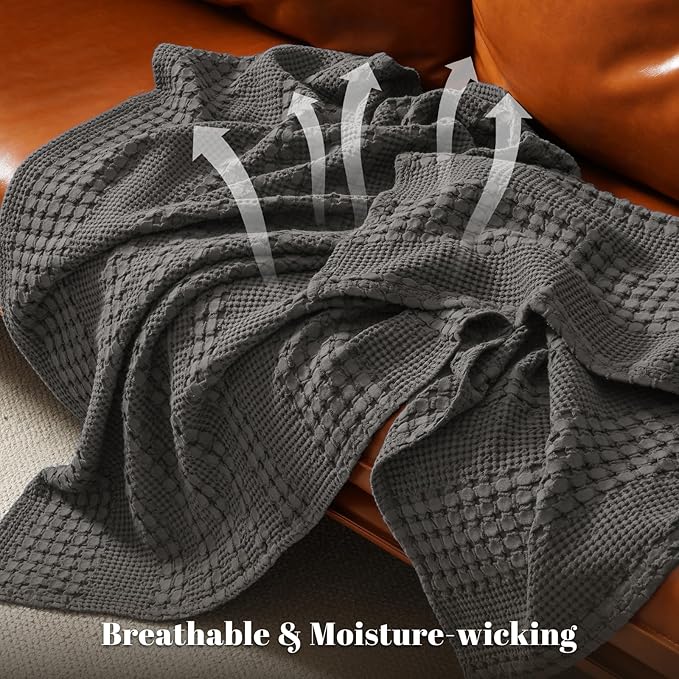 PHF 100% Cotton Waffle Weave Throw Blanket, Soft Lightweight Breathable Cozy Summer Throws for Couch Bed Sofa, Luxury Aesthetic Woven Blanket for Home Decor & Office, 50"x60", Charcoal Grey
