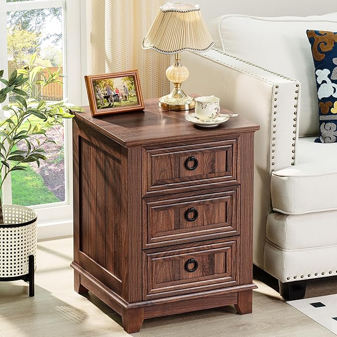 Farmhouse Night Stand Set of 2, 18" End Table with 3 Drawer Metal Handle, Dresser for Bedroom, Sofa Bed Side Table Chest of Drawers,Wood Nightstand Cabinet for Organizer, Living Room-Brown