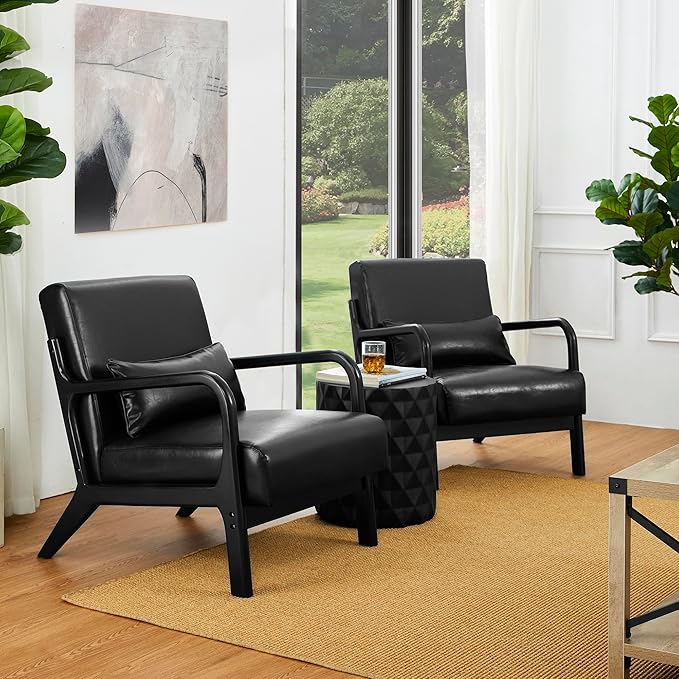 Glitzhome 2 Set Mid Century Black Accent Armchair, Single Reading Armchair PU Leather Lounge Chair with Walnut Ruberwood Frame
