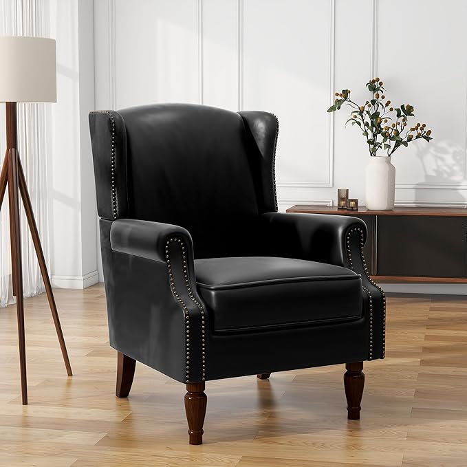UIXE PU Leather High Back Accent Chair, Upholstered Armchair for Living Room, Retro Wingback Arm Chair Nailhead Trim Single Sofa Bedroom Reading Seat with Solid Wood Legs - Black