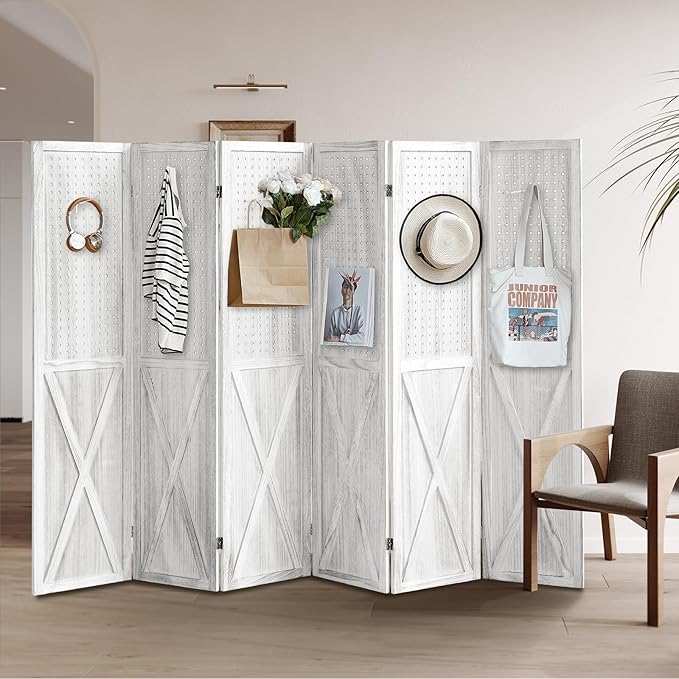 6 Panel Pegboard Room Divider, 5.6Ft Pegboard Display Folding Privacy Screens, Wood Room Divider Peg Board Display Freestanding for Trade Show Craft Show Home Wall Organizer, Retro White