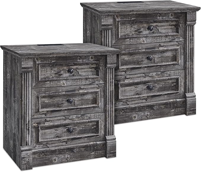 26" Tall Farmhouse Nightstand Set of 2, 3 Drawers End Table w/Charging Station, 23.6" Wide Large Side Table w/Roman Column, Wood Rustic Sofa Table for Bedroom, Light Gray