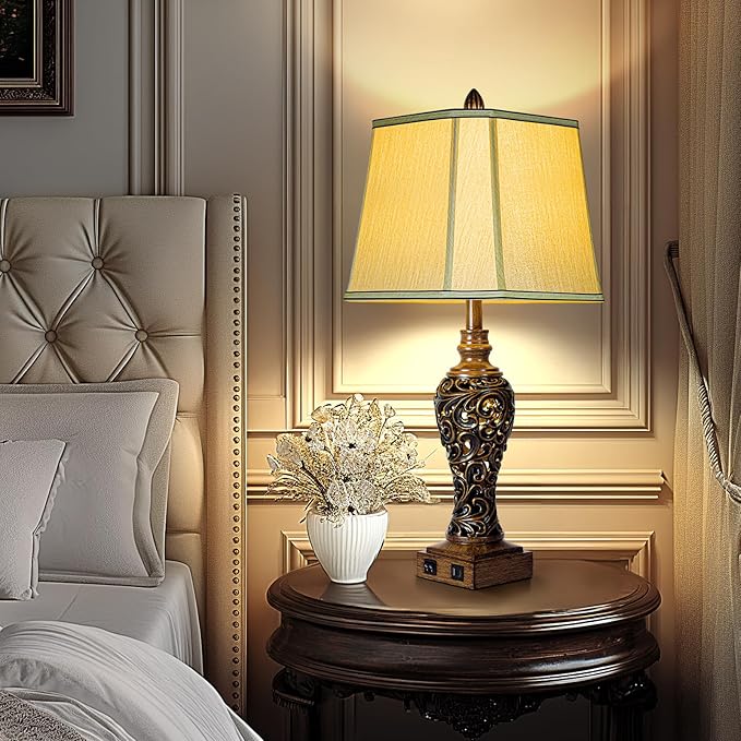 28.5'' Tall Farmhouse Vintage Table Lamp Set of 2 with Faux Silk Shade USB Ports Nightlight Decor for Bedside Living Room Bedroom Nightstands Office Home, Dark Bronze(Bulbs Included)
