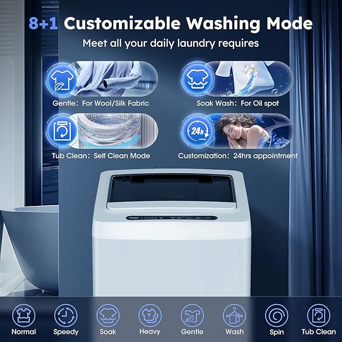 Compact Top-Load Washing Machine, Full-Automatic 1.5 Cu.ft Washer with 10 Water Levels & 8 Wash Programs for Apartment, Home, Dorm and RVs