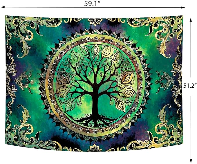 Delur Tree of Life Tapestry Green Nature Bohemian Mandala Spiritual Tapestry Wall Hanging Mystical Landscape Hippie Psychedelic Headboard for Bedroom Living Room Home Decor (51.2" x 59.1")