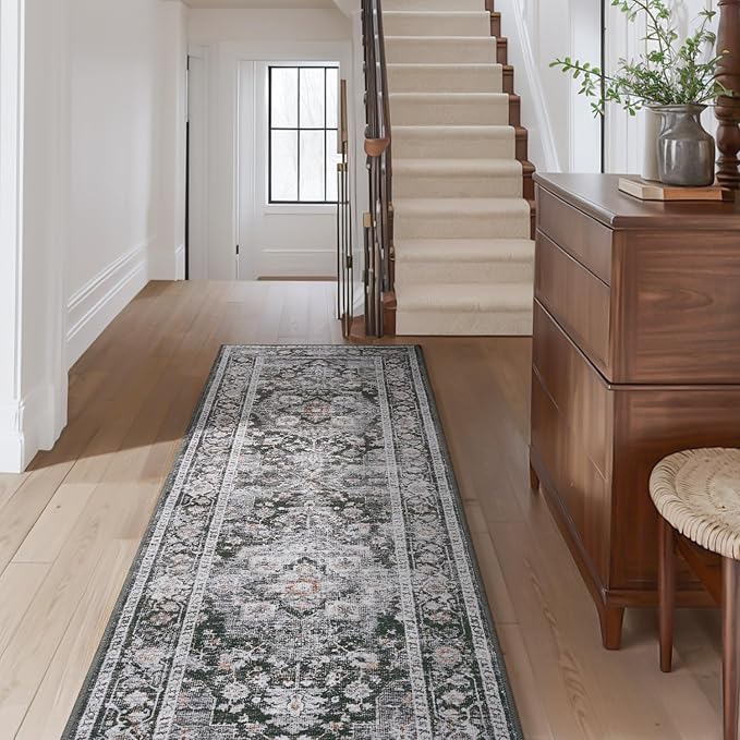 AMOAMI-2X10 Runner Rug-Washable Runners for Hallways-Soft Non Slip Bedside Rugs for Bedroom-Vintage Long Rug for Hallways Entryway Laundry Room Stair Kitchen Bathroom Dark Grey & Black