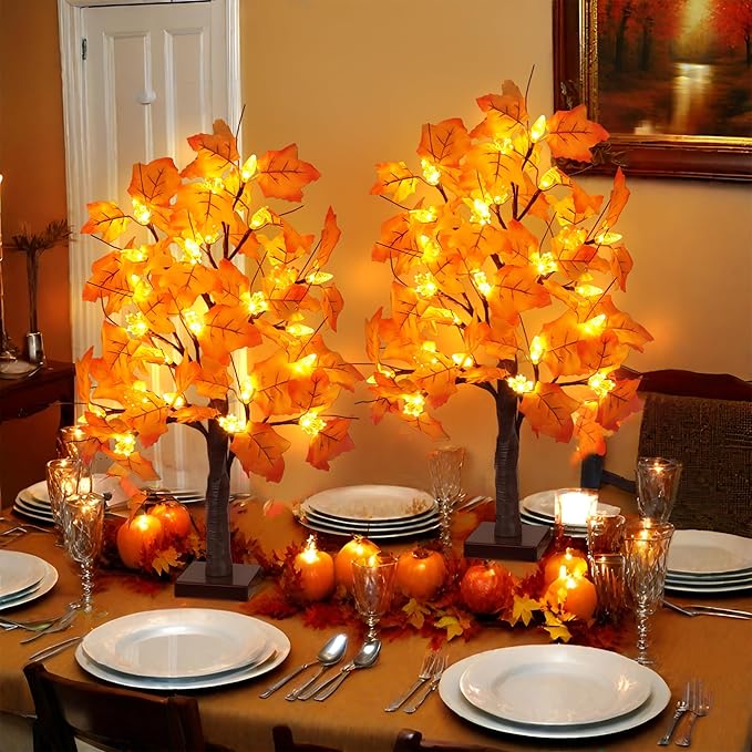 2 Pack 24 Inch Prelit Fall Maple Tree Fall Decor with 48 LEDs Timer Battery Operated Artificial Fall Light Up Tree Maple Acorn for Fall Thanksgiving Decorations Table Home Office Indoor Autumn Harvest