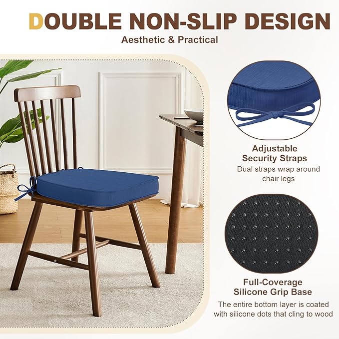 downluxe Chair Cushions for Dining Chairs, Waterproof Kitchen Chair Pads, Non-Slip Dining Seat Cushion with Ties, 17" x 16" x 2.5", Blue, 6 Pack