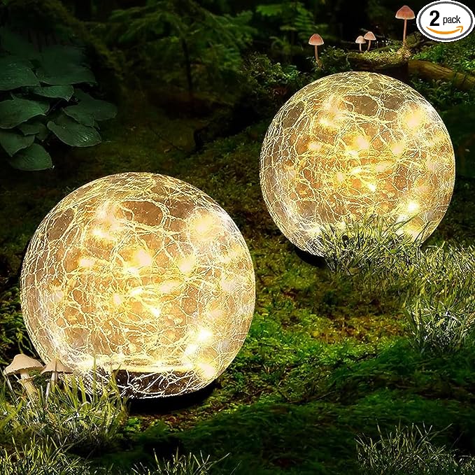 Garden Solar Ball Lights Outdoor Waterproof, 80 LED Cracked Glass Globe Solar Power Ground Lights for Path Yard Patio Lawn, Christmas Decoration Landscape Warm White(2 Pack 5.9'')