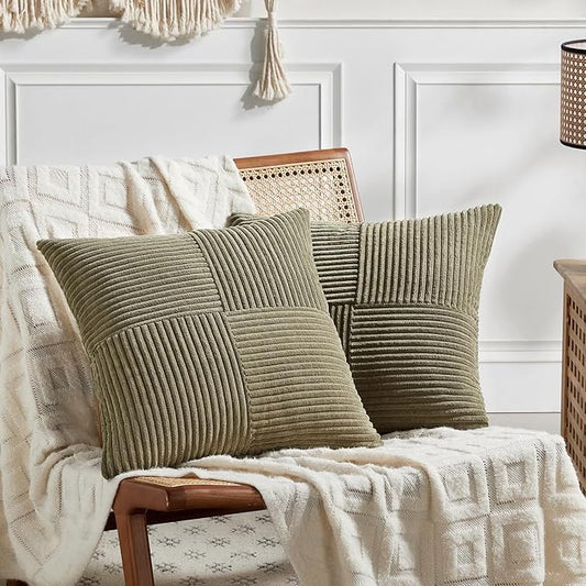 Fancy Homi 2 Packs Olive Green Decorative Throw Pillow Covers 22x22 Inch for Living Room Couch Bed Sofa, Rustic Farmhouse Boho Home Decor, Soft Corss Corduroy Patchwork Accent Cushion Case 55x55 cm