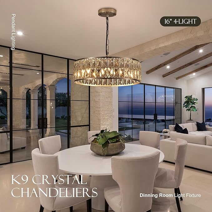 16” 4-Light Modern Crystal Chandeliers Nickel Dinning Room Light Fixture, Round Pendant Light Kitchen Island Chandelier, Flush Mount Ceiling Light for Living Room Entryway Bedroom Foyer