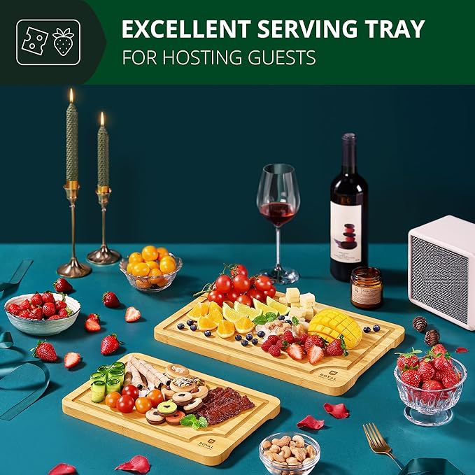 Chopping Board Set of 2 - Wooden Cutting Boards for Kitchen Meal Prep & Serving - Bamboo Wood Cutting Board Set - Charcuterie & Chopping Butcher Block for Meat - Kitchen Gadgets Gift