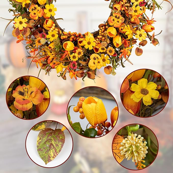 22 Inches Fall Wreaths for Front Door Rustic Autumn Wreath Farmhouse Fall Floral Wreaths with Tulips Orange Wildflowers for Wall Window Porch Indoor Outside