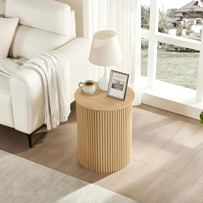 AVZEAR Fluted Round Side Table, Small End Table Modern Boho Nightstands, Circle Bedside Tables Bohemian Accent Table Wood Night Stand for Small Spaces, Living Room, Bedroom(Natural)