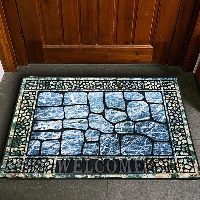 Door Mat Welcome Mat, Heavy Duty Door Mat 23.6 x 35.4 Inch Front Door Mat Rug Doormat for Outdoor Entrance Home Non-Slip Rubber Rug for Front Door, Outside, Entryway, Patio (Blue Welcome)