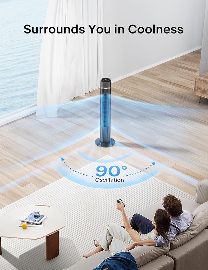 PELONIS 40 inch Bladeless Tower Fan for Bedroom, Standing Fan with Remote Control, 26ft/s, 90° Oscillation, 3 Speed Settings, 27 Db, 3 Modes, 15-Hour Timer, LED Display, Fan that Blows Cold Air, Grey
