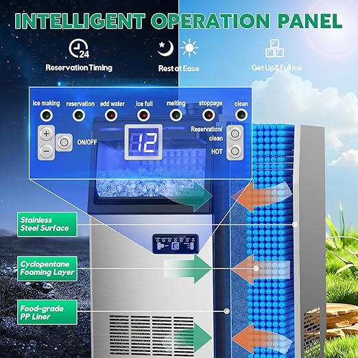 Commercial Ice Maker Machine 130Lbs/24H with 30Lbs Ice Capacity, 45Pcs Clear Ice Cubes Ready in 8-15Mins, Stainless Steel Under Counter Freestanding Large Ice Machine, 2 Water Inlet Modes