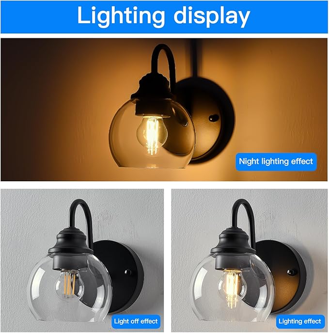 Farmhouse Gooseneck Wall Sconces Set of Two, Bathroom Vintage Black Vanity Light, Rustic Indoor Wall Light Fixtures with Clear Glass for Bathroom Beside Mirror Living Room Hallway