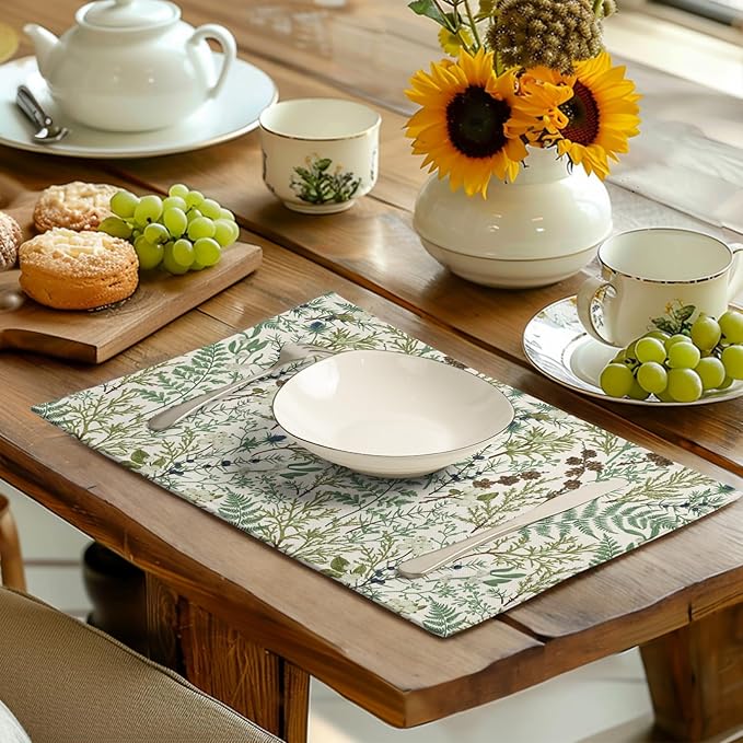 Sage Green Botanical Floral Placemats Set of 4 Vintage Tropical Herbs Fern Leaves Place Mats 12x18 Inch Seasonal Plant Spring Summer Linen Fabric Table Mats for Party Kitchen Dining Decor