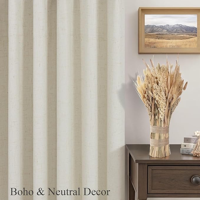 Linen Farmhouse Blackout Curtain for Bedroom Window 90 Inch Long Burlap Colored Cloth Cotton Vintage Decorative Weather Noise Reduction Drape Oatmeal Beige Curtain for Patio Door 7.5 ft Length 2 Panel