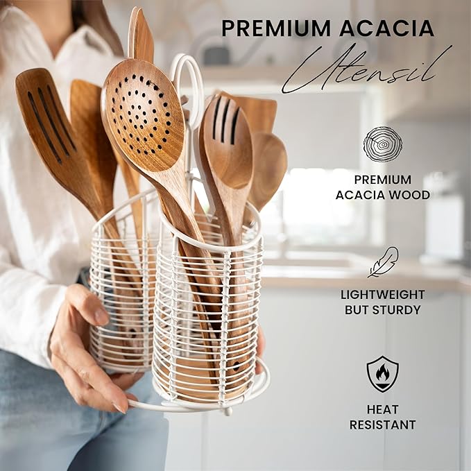 360° Rotating Kitchen Utensil Holder- 3 Compartment Organizer with Cork Bottom | Includes Premium 9-Piece Acacia Wood Utensil Set | Professional Luxury Design | Metal Utensil Crock (Matte white)