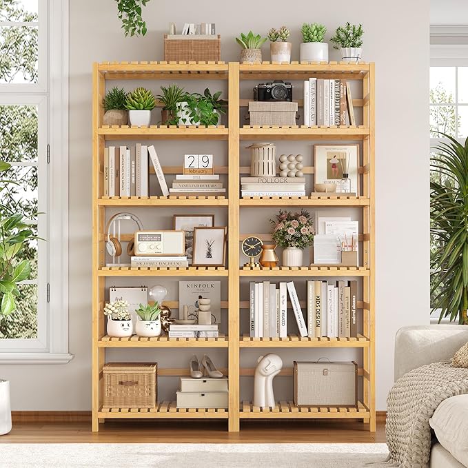 FOTOSOK 6-Tier Bamboo Shelf, Bamboo Bookcase with Adjustable Shelves, Free Standing Storage Shelf Unit, Plant Flower Stand for Kitchen, Bathroom, Home Office, Natural