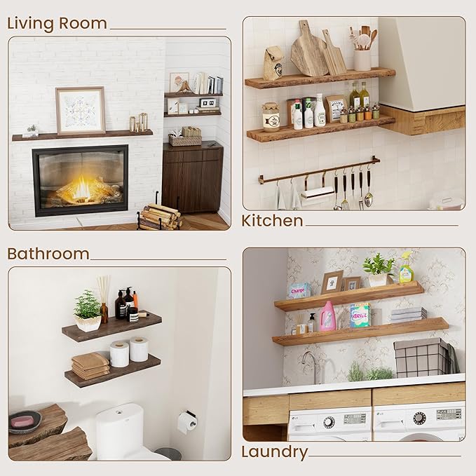 Floating Shelves for Wall Decor, Rustic Solid Elm Wood Live Edge Floating Shelves Wall Mounted, Wall Shelves with Invisible Bracket for Living Room Bathroom Bedroom Kitchen, 40 Inch Set of 1, Walnut