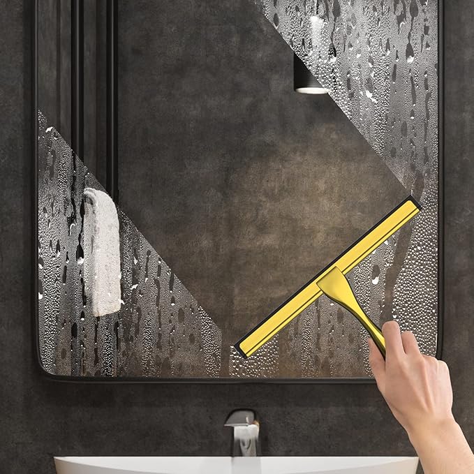 All-Purpose Stainless Steel Shower Squeegee for Shower Doors with 2 Adhesive Hooks, Bathroom Cleaner Tool Household Window Mirror Squeegee for Home Cleaning, Glass Door, Tile Wall, Car, 12 Inch Golden