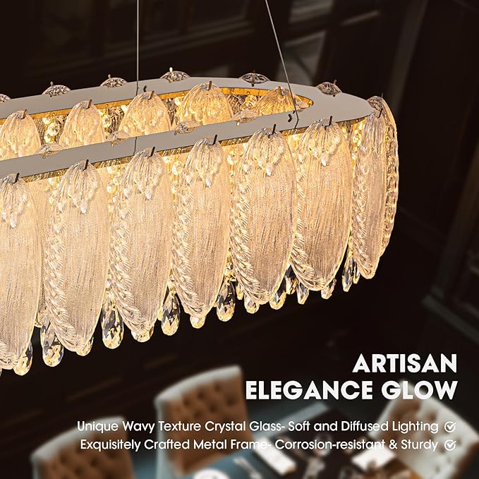 Gold Rectangle Modern Chandeliers for Dining Room Light Fixture, Water Ripple Crystal Glass LED Chandelier for Kitchen Island Bar Living Room, 2700K-6000K