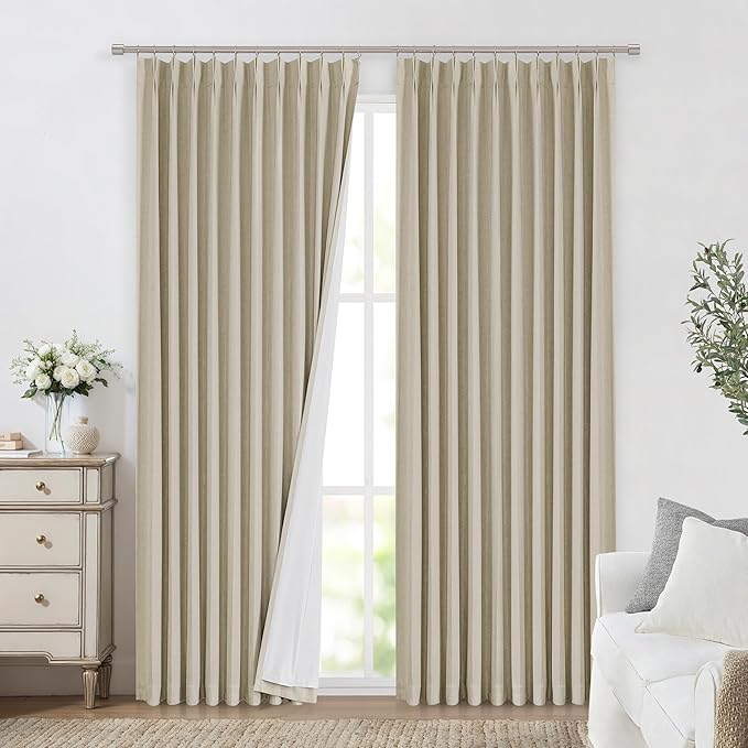 Vision Home Sand Pinch Pleated Full Blackout Curtains Linen Blended Room Darkening Window Curtains 112 inch for Living Room Bedroom Thermal Insulated Pinch Pleat Drapes with Hooks 60" Wx112 Lx1