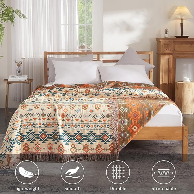 Boho Throw Blanket for Couch Sofa Bed, 100% Cotton Woven Quilt with Tassel 90”x98”, Super Soft Muslin Blanket with Patchwork Printed, Decorative Reversible Bed Blanket/Cover for All Seasons