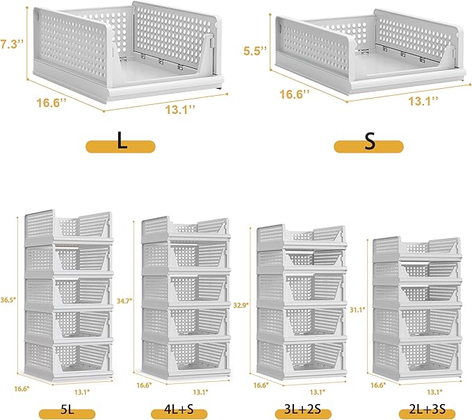 5 Pack Stackable Plastic Storage Basket Closet Organizer Bin Foldable Clothes Organizer Storage Drawer Shelf Container for Living Room Bathroom Kitchen Office (5L)