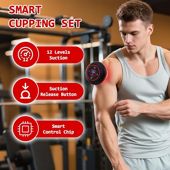 Cupping Kit for Massage Therapy - 4 in 1 Electric Cupping Therapy Set, 12 Levels of Suction Strength and Red Light Therapy for Targeted Pain Relief, Portable Electric Smart Cupping Device, Black