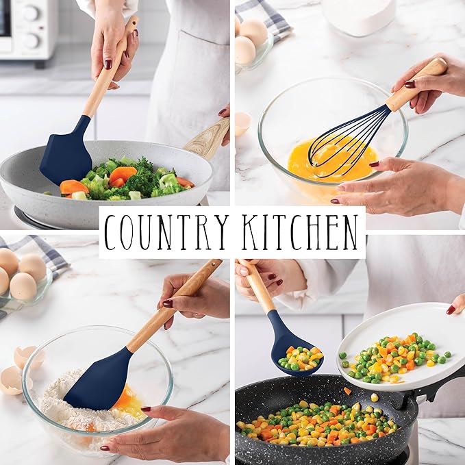 Country Kitchen Non Stick Silicone Utensil Set with Rounded Wood Handles for Cooking and Baking, 14 Piece Set, Navy