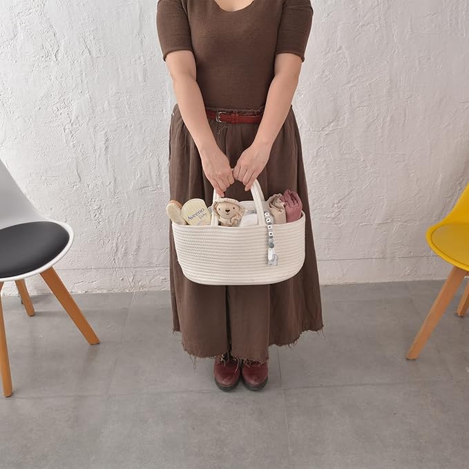 Baby Diaper Caddy Organizer for Girl Boy Cotton Rope Nursery Storage Bin Basket Portable Holder Tote Bag for Changing Table Car Travel Baby Shower Gifts Newborn Essentials Registry Must Haves White