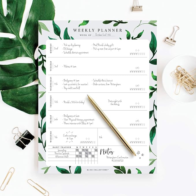 Bliss Collections Weekly Planning Pad, Desk Calendar - Greenery - Undated Tear-Off Sheets Notepad - Calendar, Organizer, Scheduler for Goals, Tasks, Ideas, Notes & To-Do Lists - 8.5" x 11", 50 Sheets