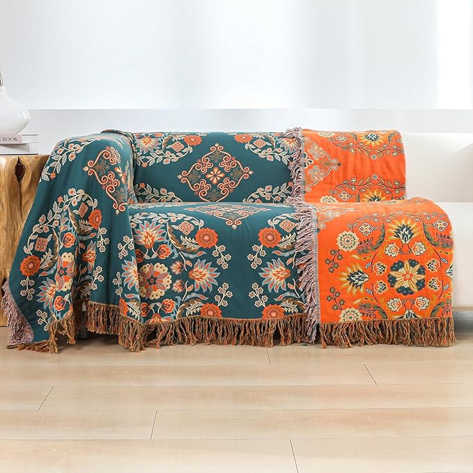 Fall Throw Blanket for Couch Bed Chair,100% Cotton Soft Lightweight Blanket Rustic Quilt -Orange Floral Printed Farmhouse Decor Bed All Season Blankets,60"×80"