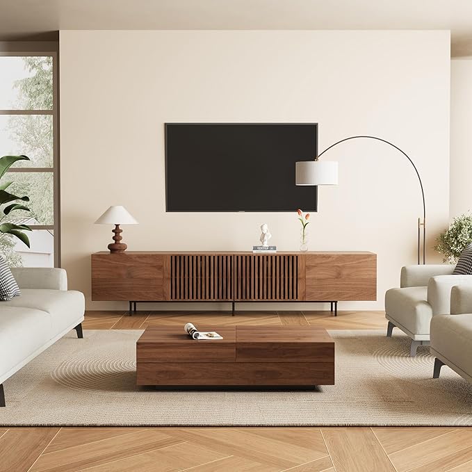 Mid Century Modern TV Stand for 80+ Inch TVs, 94.48" Walnut Console with Ample Storage – Stylish Entertainment Center for Living Room or Bedroom