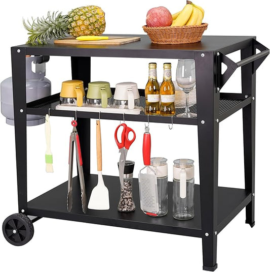 Black Outdoor Grill Cart with Wheels, Heavy-Duty 3-Tier BBQ Prep Table for Pizza Oven, Griddle, Patio – Rustproof Commercial Kitchen Cart with Tool Hooks