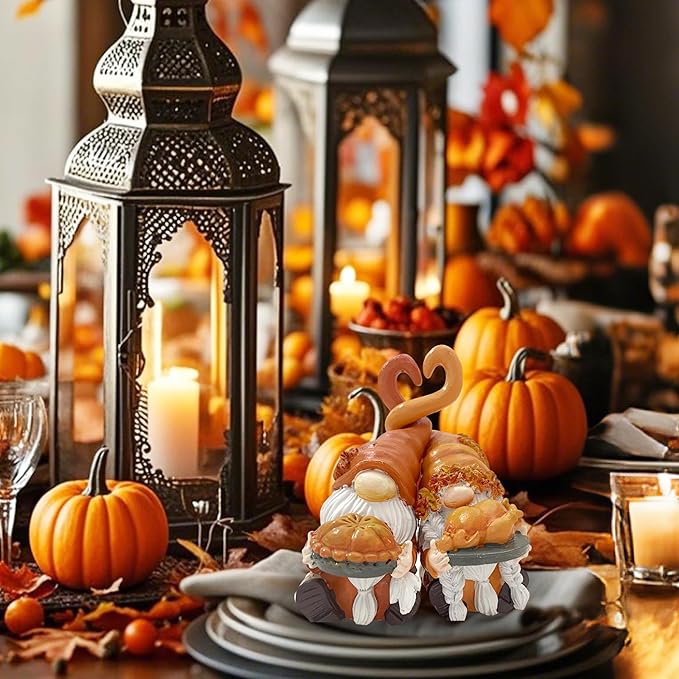 Fall Gnome Decor, Resin Thanksgiving Gnomes for Fall Decoration Indoor Home, Small Autumn Gnome Figurines with Pumpkin Pie and Turkey for Autumn Harvest