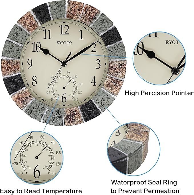 eYotto 10 Inch Small Indoor/Outdoor Waterproof Wall Clock with Thermometer Silent Non-Ticking Battery Operated Wall Clocks Weatherproof for Patio, Pool, Garden, Lanai, Fence, Porch, Deck, Bathroom