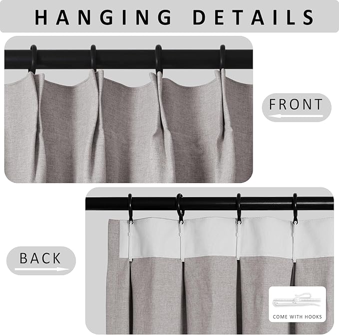 Macochico Extra Wide Full Blackout Linen Curtains for Sliding Door Browish Grey Pinch Pleated Linen Curtains 96 Inches Long for Bedroom Living Room Farmhouse with Tieback 120”Wx96”L 1 Panel