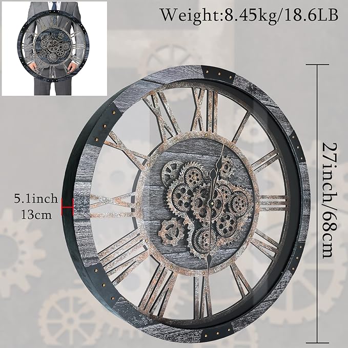 27 Inch Moving Gear Wall Clock, Oversized Wall Clocks, Clock Living Room Decor, Solid Wood Frame, Battery Operated, Large Wall Clock with Steampunk Industrial for Fireplace(Gray)