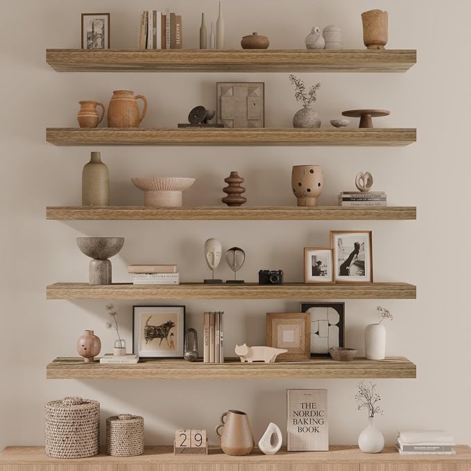 48 Inch Floating Shelves, 8 Inch Deep Floating Shelves for Wall, 5 Tier Hanging Wall Shelf with Invisible Brackets, Wall Mounted Display Shelves for Bathroom, Bedroom, Living Room,5 Tier