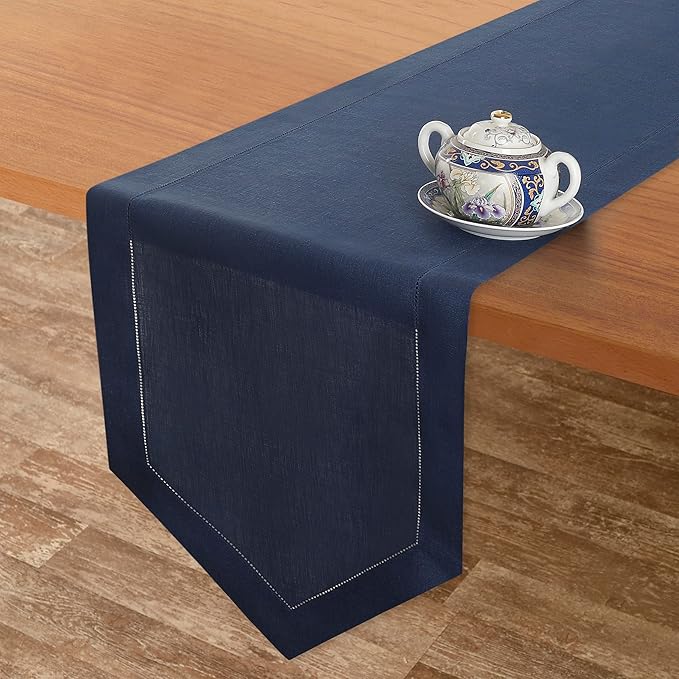 D'Moksha Homes Navy Blue Linen Table Runner 72 Inches Long - 100% Pure Linen Diamond Table Runner 14 x 72 Inch for Dining, Fall and Halloween - Machine Washable
