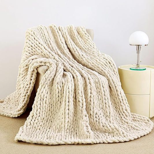 Admitrack Chunky Knit Blanket Throw 51"x63", 100% Hand Knit Chenille Throw Blanket for Sofa & Home Decor, Soft and Cozy Knitted Throw Blankets (Ivory，51"x63")